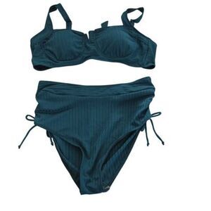 Modlily Women's Size Large Teal Green Ribbed Tie Back High Waisted Bikini Set